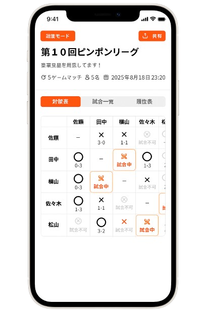 スマホでのリーグ戦管理画面